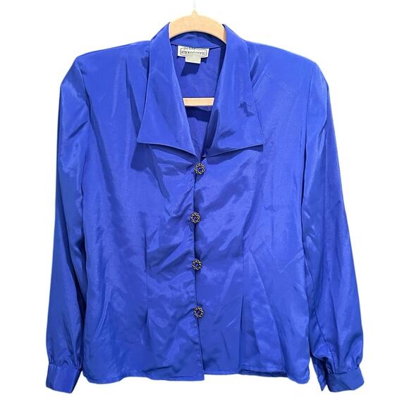 Vintage Cobalt Blue Satin Blouse Rhinestone Buttons Timeless Effortless Elegance - Picture 2 of 9